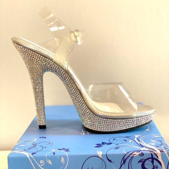 Clear platform heels with ankle strap and crystals size 6 - Picture 7 of 15